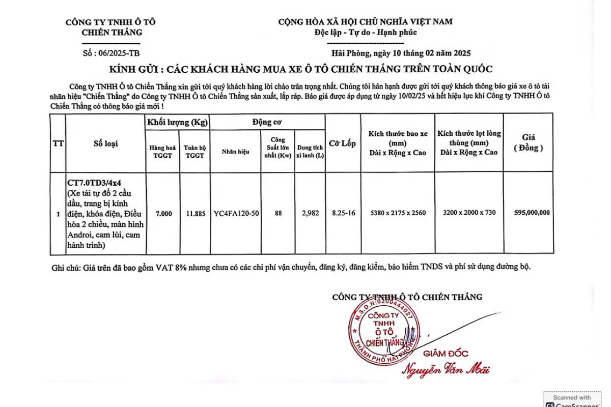 Bảng giá xe ben Chiến Thắng 7 tấn 2 cầu dầu và hỗ trợ trả góp lên đến 80%.
